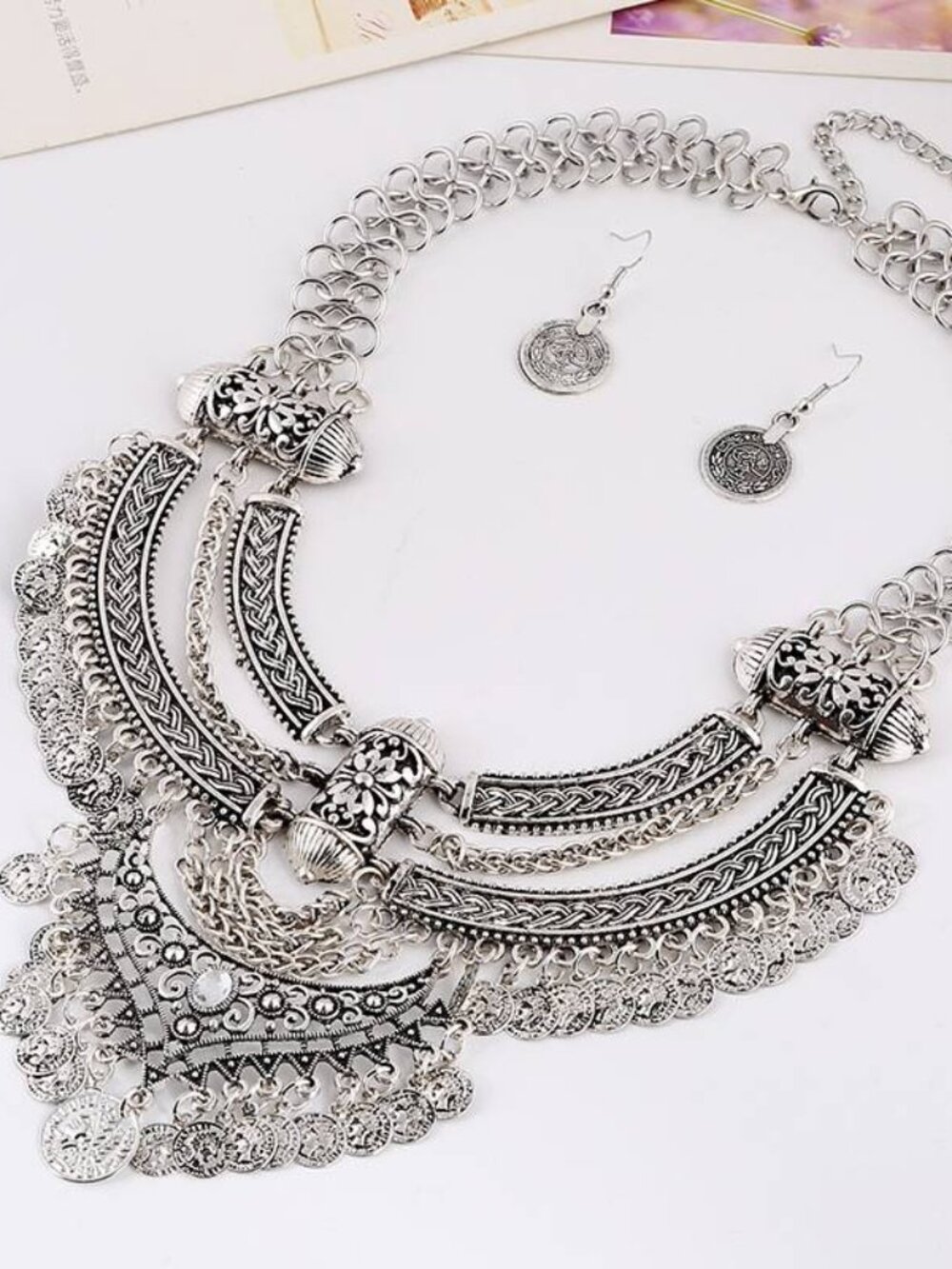 081 Antique Silvery Vintage Coin Necklace with Crescent Moon Tassel & Earrings
